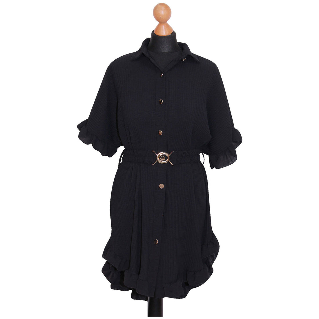 LADIES FRILL DRESS WOMEN GOLD BUTTON TOP FASHION GIRLS NIGHT OUT Party DRESS CASUAL BELTED