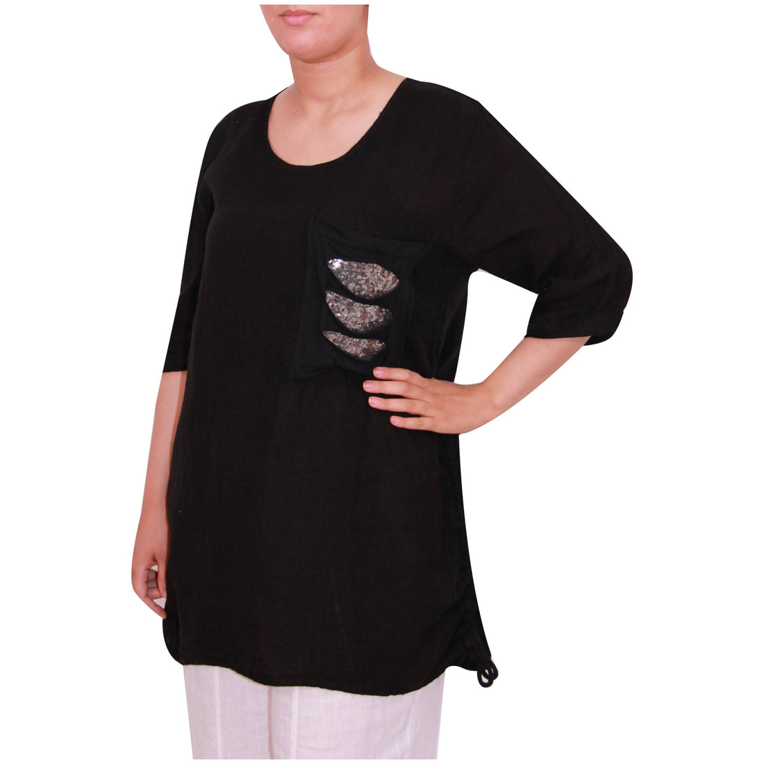 Italian Sequin Ripped Pocket Linen Top