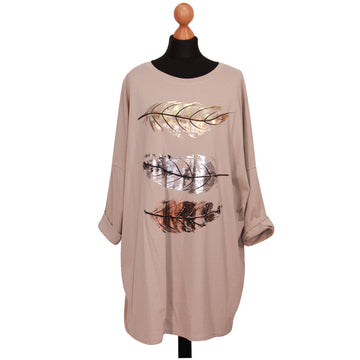 Women Feather Print Top Ladies Plus Size Foil Shirt
