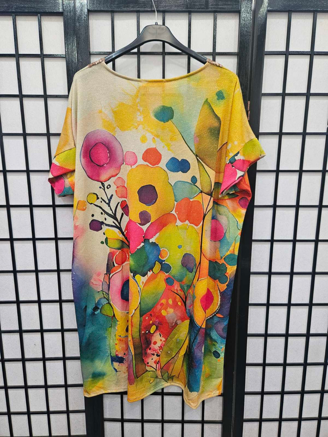 Italian Short Sleeve Sequin V Neck Printed Knitted Tunic - 5222