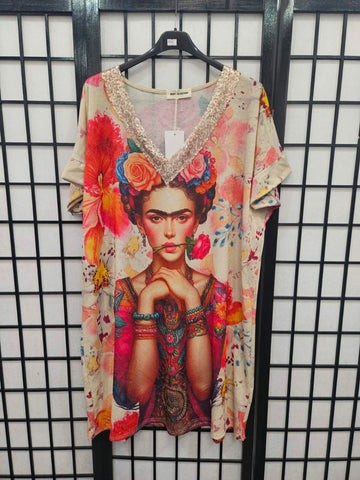 Italian Short Sleeve Sequin V Neck Printed Knitted Tunic - 5230