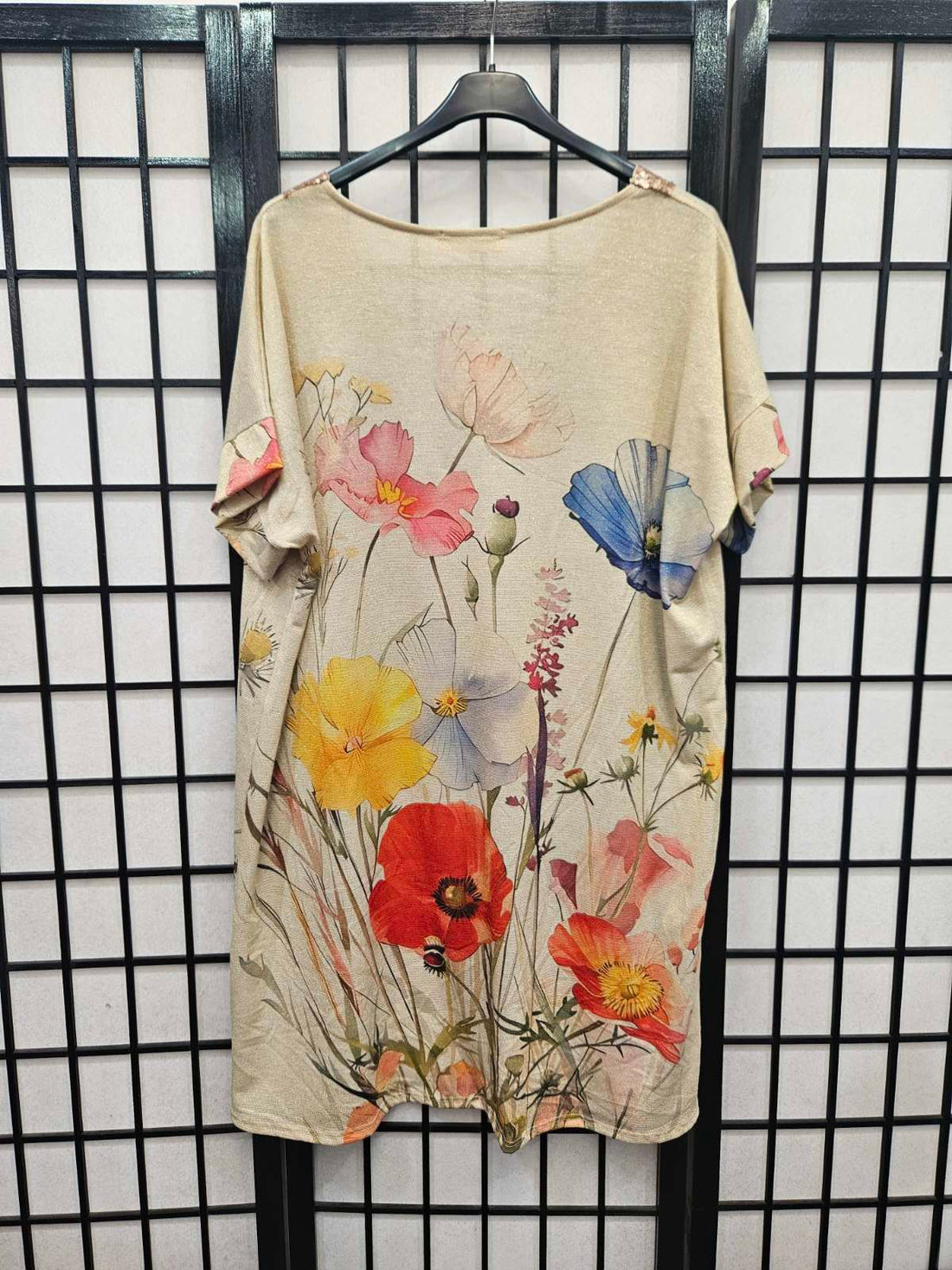 Italian Short Sleeve Sequin V Neck Printed Knitted Tunic - 5219