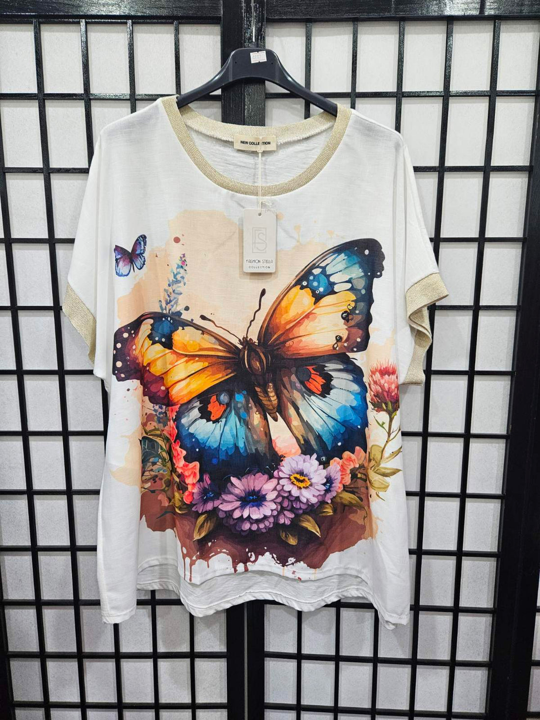 Italian Butterfly Print Top With Glitter Neck line And Sleeve - 4887