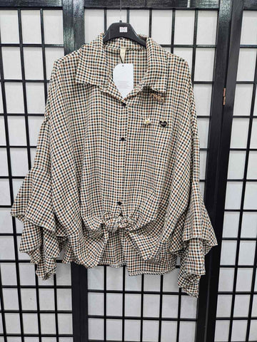 Italian Checked Front Knot Ruffle Arm Shirt With Broaches- 5236