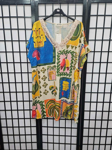 Italian Short Sleeve Sequin V Neck Printed Knitted Tunic - 5221
