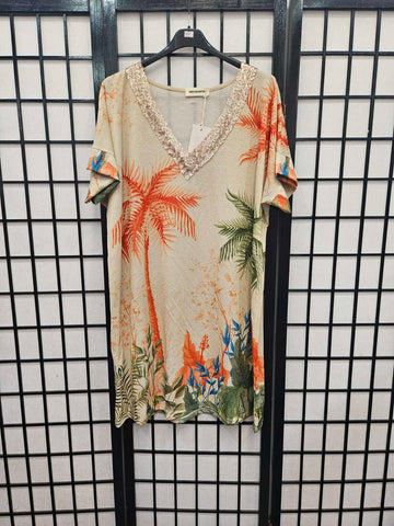 Italian Short Sleeve Sequin V Neck Printed Knitted Tunic - 5218