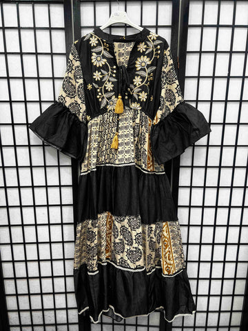 Boho Embroidery  Detail Tie Neck Dress-5184