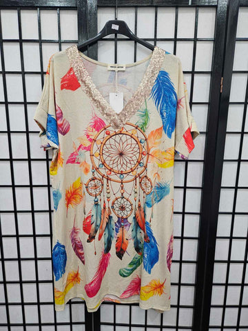 Italian Short Sleeve Sequin V Neck Printed Knitted Tunic - 5216