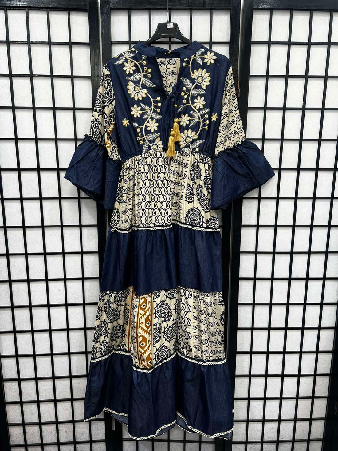Boho Embroidery  Detail Tie Neck Dress-5184