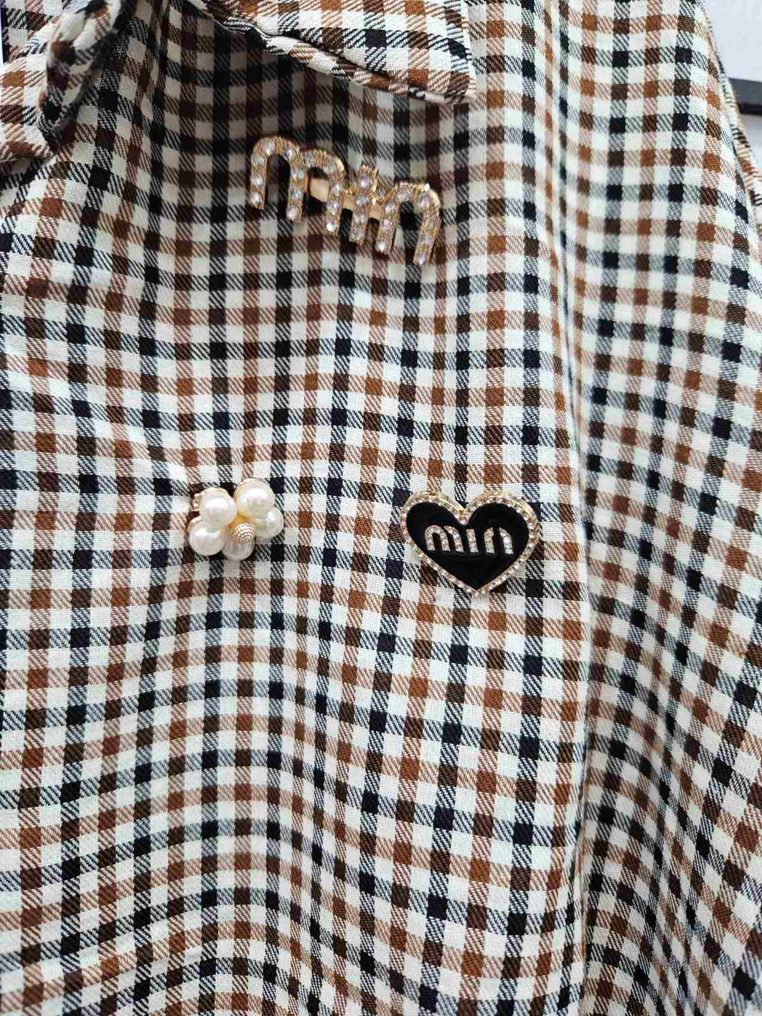 Italian Checked Front Knot Ruffle Arm Shirt With Broaches- 5236