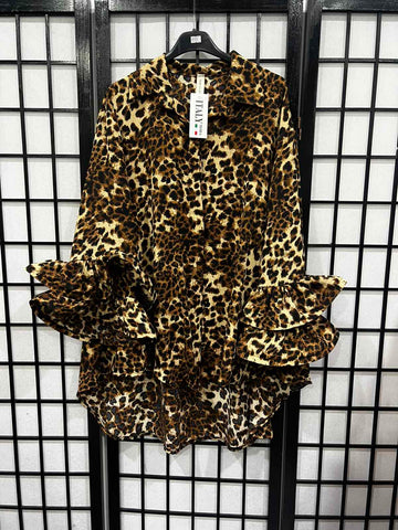 Italian High Low Leopard Print Shirt With Double Ruffle Sleeve-5155