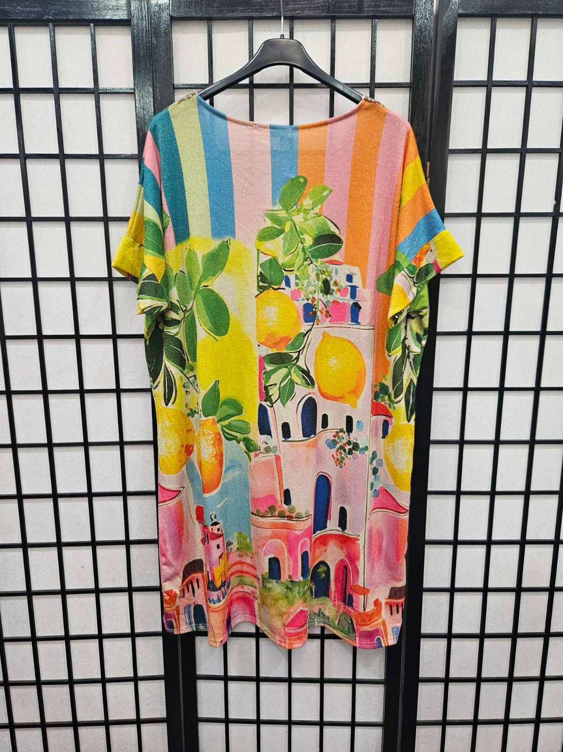 Italian Short Sleeve Sequin V Neck Printed Knitted Tunic - 5217