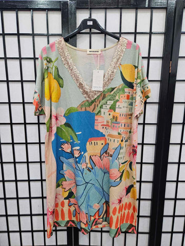 Italian Short Sleeve Sequin V Neck Printed Knitted Tunic - 5215