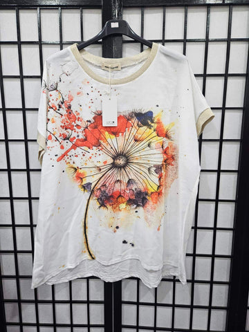 Italian Floral Print Top With Glitter Neck line And Sleeve - 4889