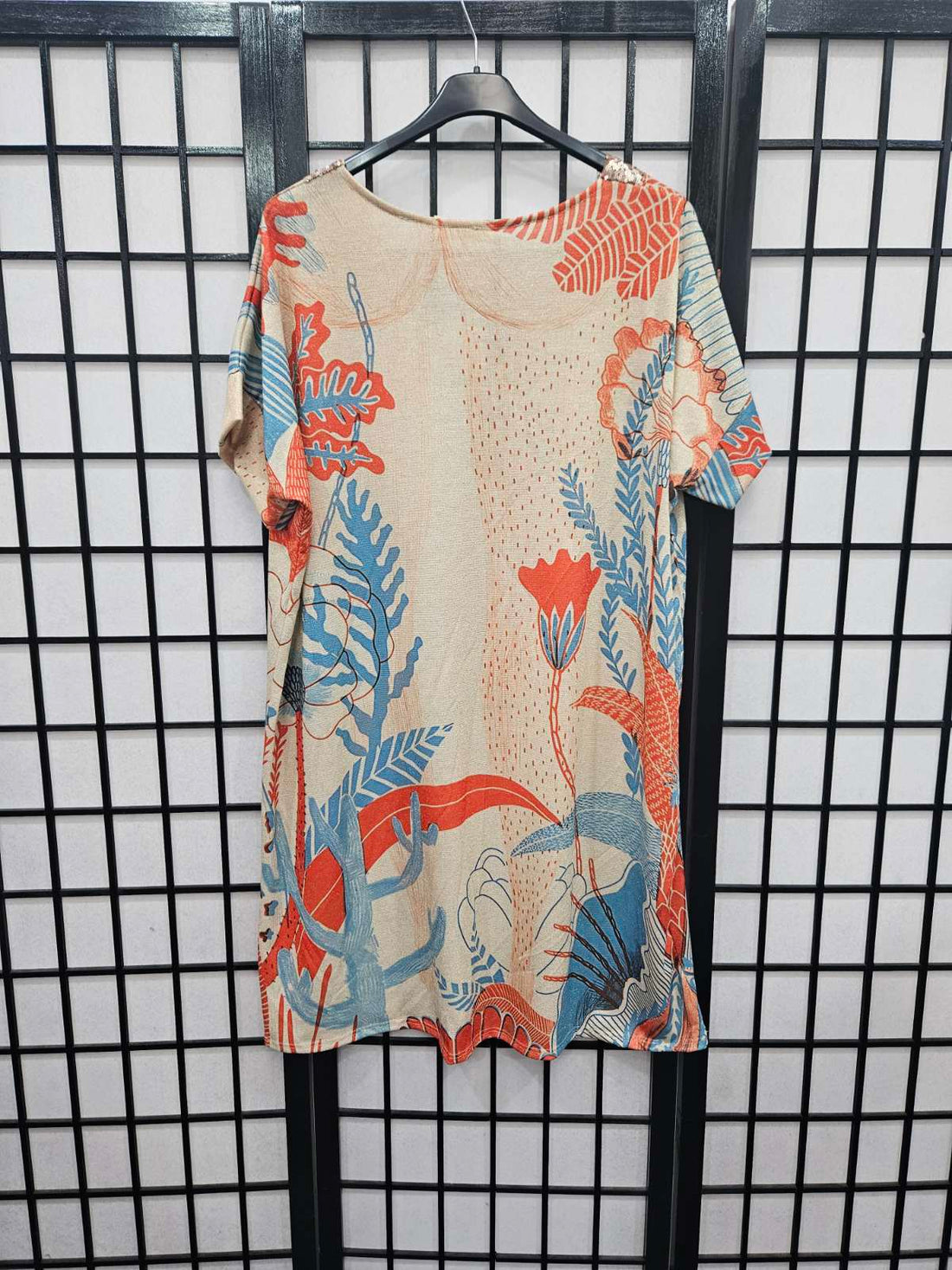 Italian Short Sleeve Sequin V Neck Printed Knitted Tunic - 5220