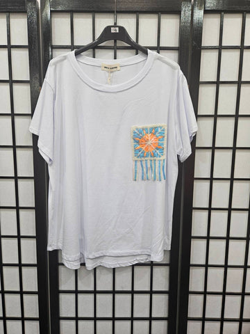 Italian Plain Short Sleeve Top With Embroidery Pocket- 4859