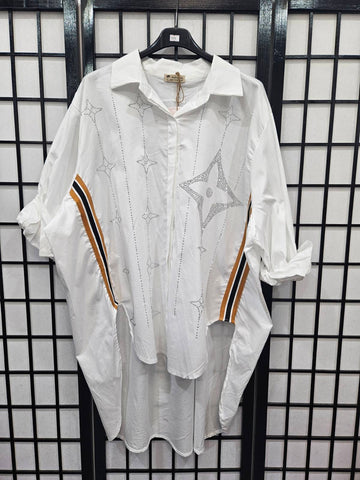 Italian High Low Diamante And Stripe Detail Shirt- 5059