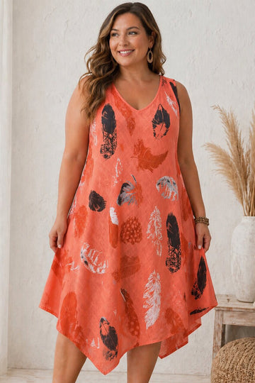 Abstract Feather Print Hanky Hem Dress