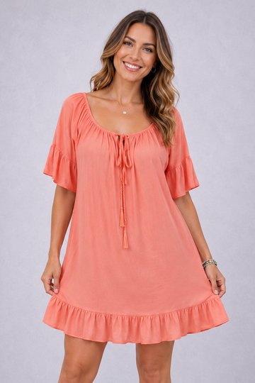 Plain Tiered Hem Gathered Neck Dress