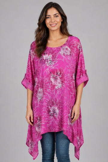 Floral Print Hanky Hem Oversized Tunic Top