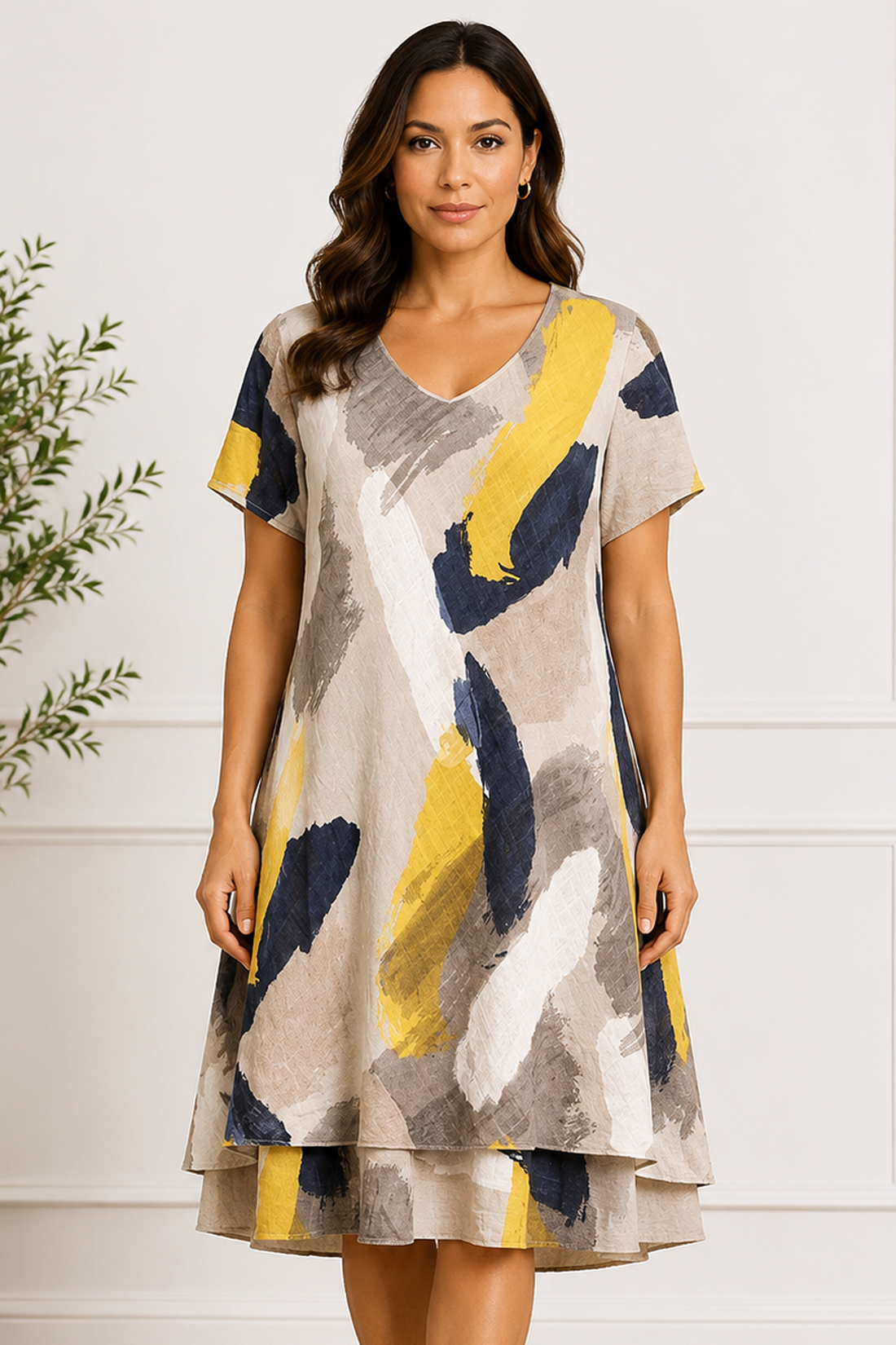 Abstract Brush Print Layered Hem Dress