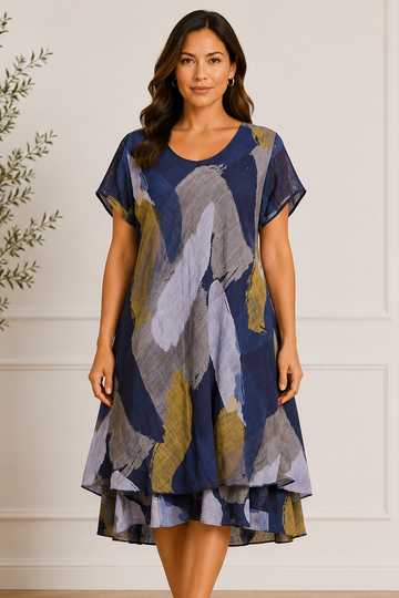 Abstract Brush Print Layered Hem Dress