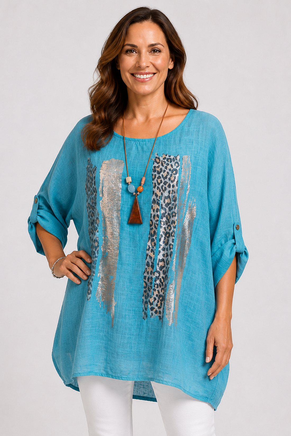 Leopard Stripe Print Necklace Oversized Tunic Top