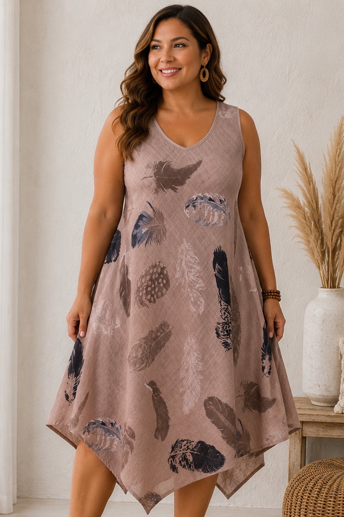 Abstract Feather Print Hanky Hem Dress