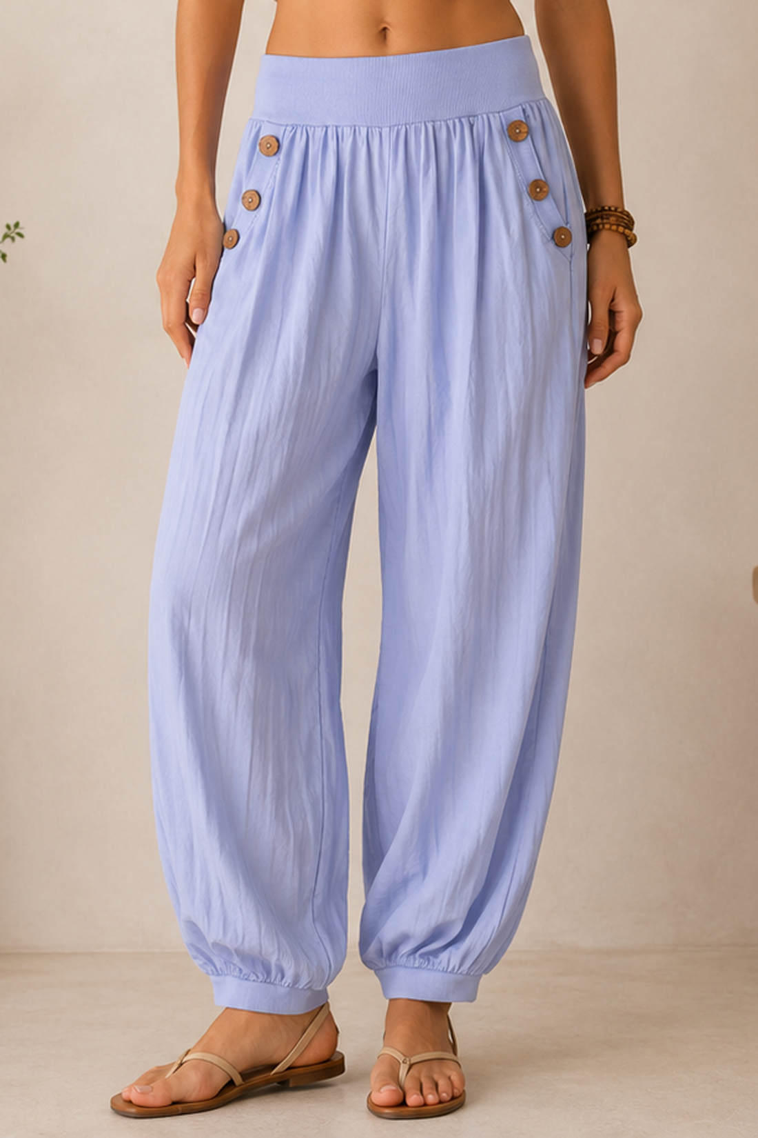 Plain Button Detail Pockets Trousers