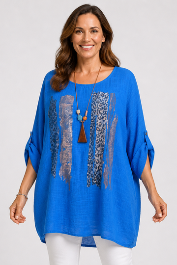 Leopard Stripe Print Necklace Oversized Tunic Top