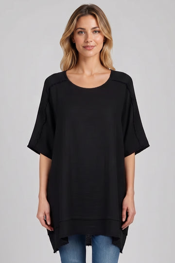 Plain Frayed Trim Oversized Tunic Top