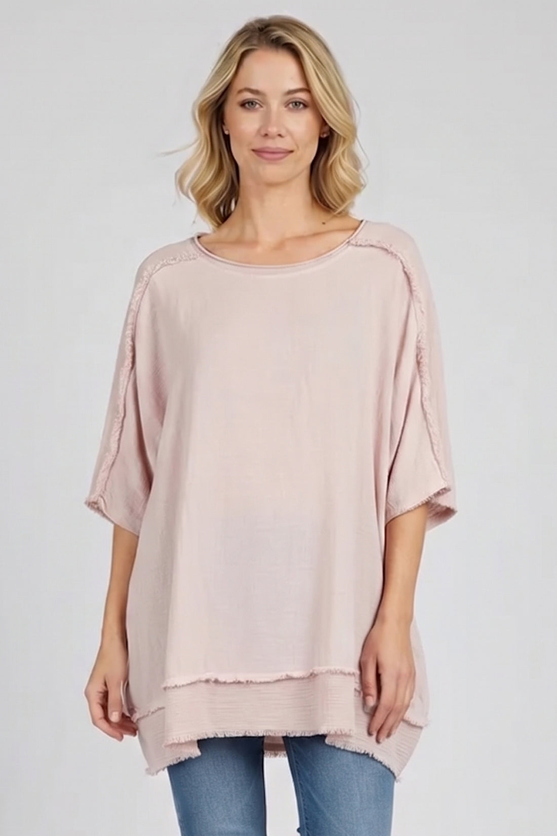 Plain Frayed Trim Oversized Tunic Top