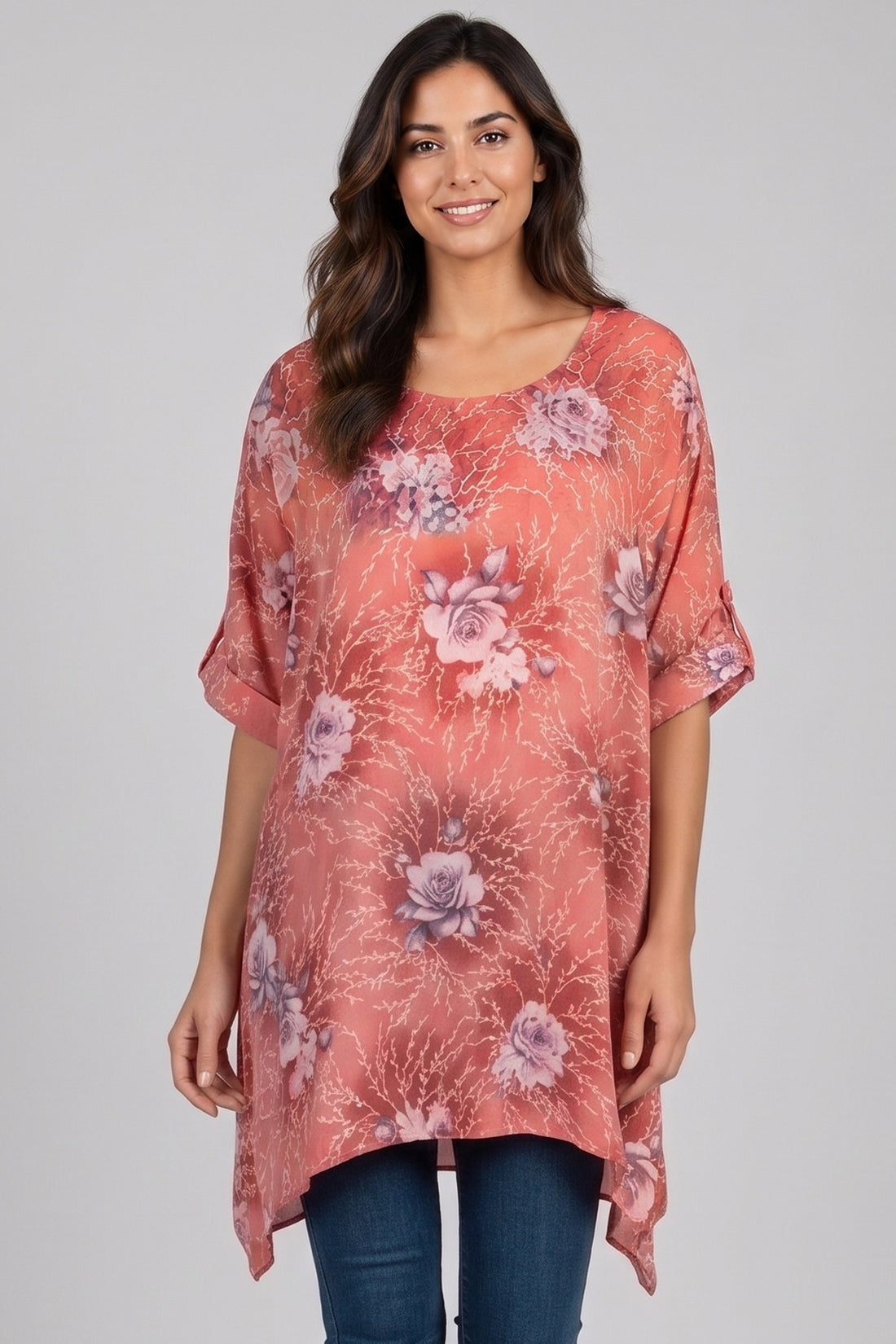 Floral Print Hanky Hem Oversized Tunic Top