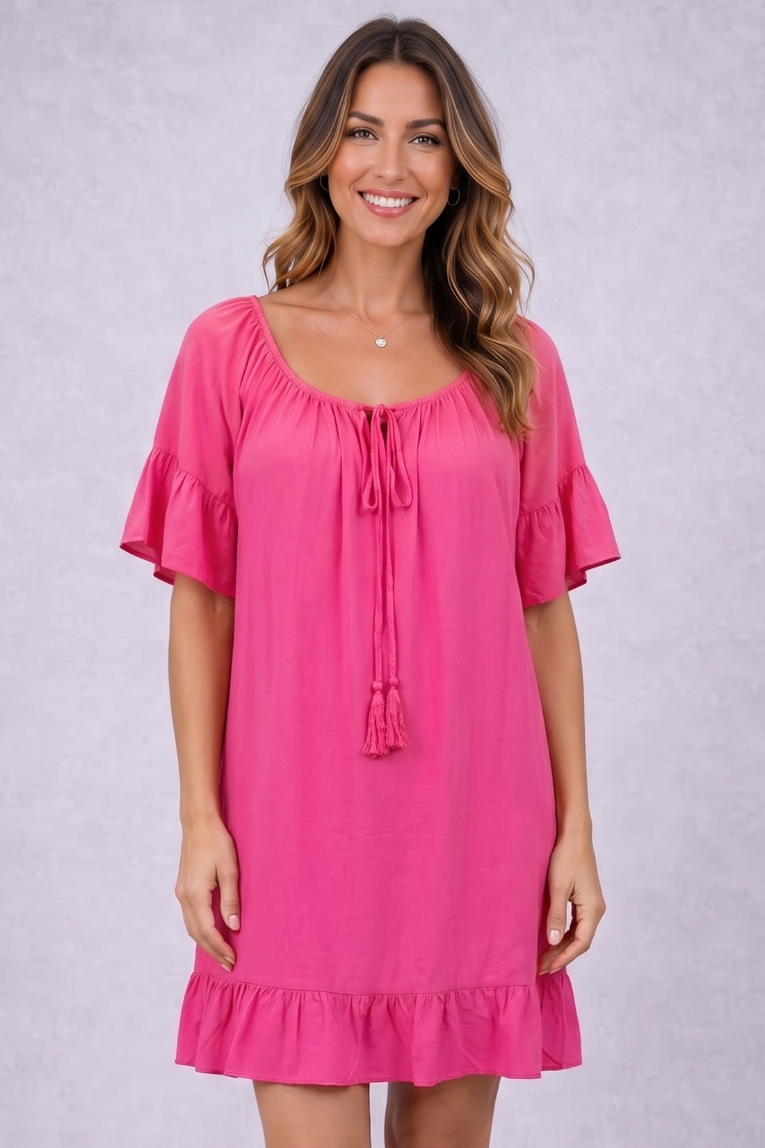 Plain Tiered Hem Gathered Neck Dress