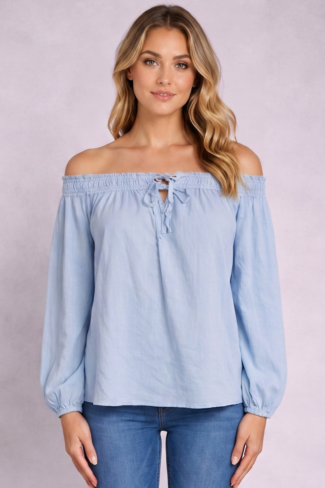 Bardot Elasticated Cuffs Tie Neck Tunic Top