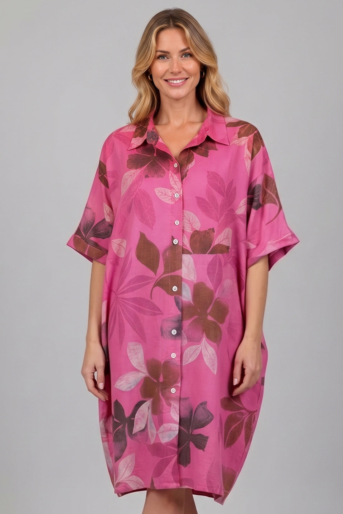 Floral Print Oversized Button Up Collared Midi Dress