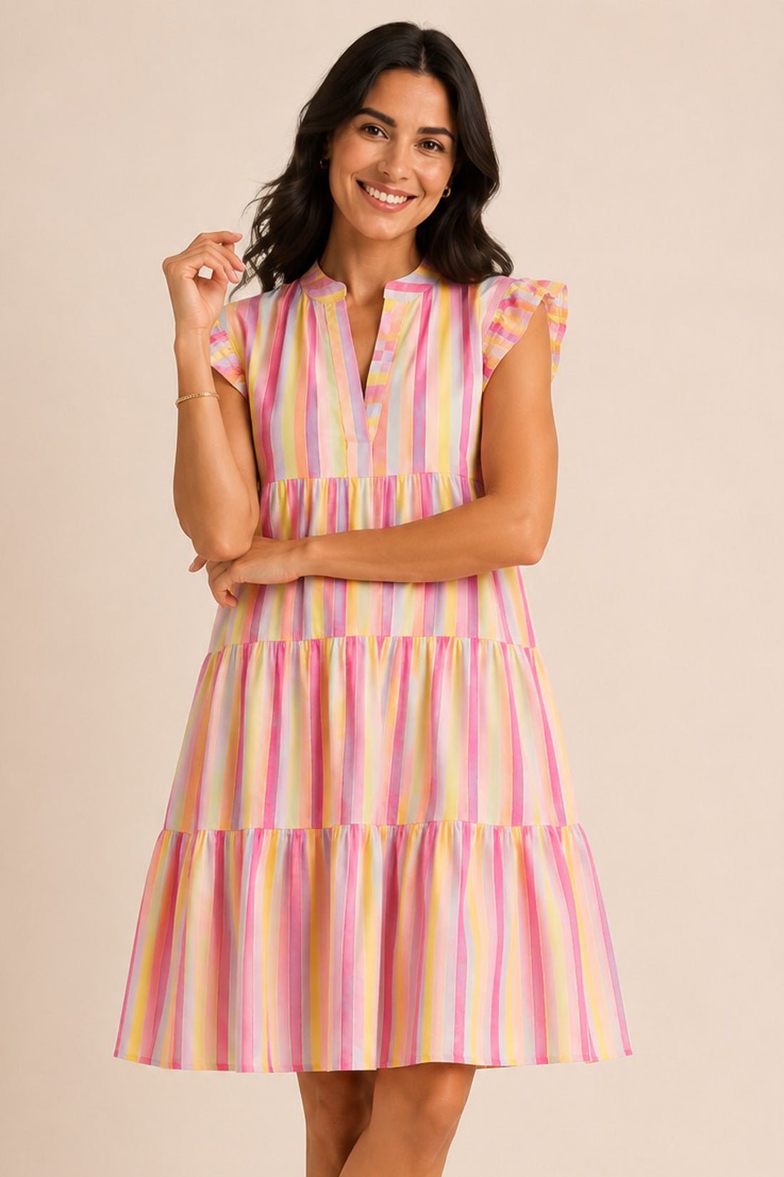 Pastel Stripe Tiered Frill Sleeve Dress
