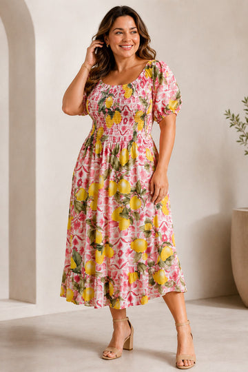 Lemon Print Shirred Puff Sleeve Dress
