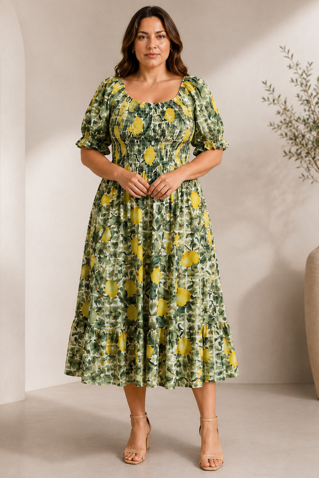 Lemon Print Shirred Puff Sleeve Dress