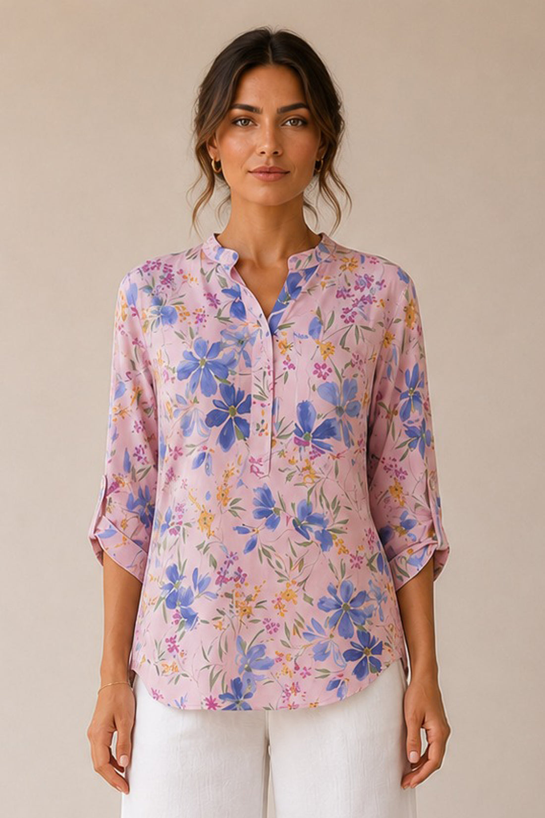 Floral Print Front Button Placket Top