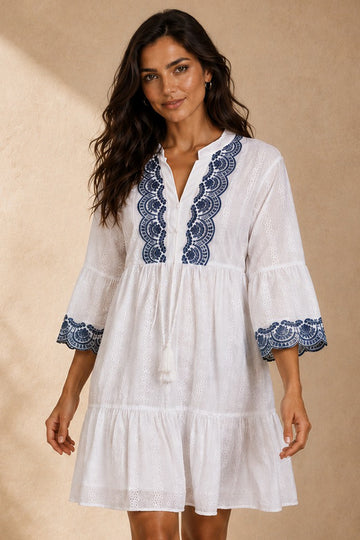 Embroidered Eyelet Tiered Tassel Detail Dress