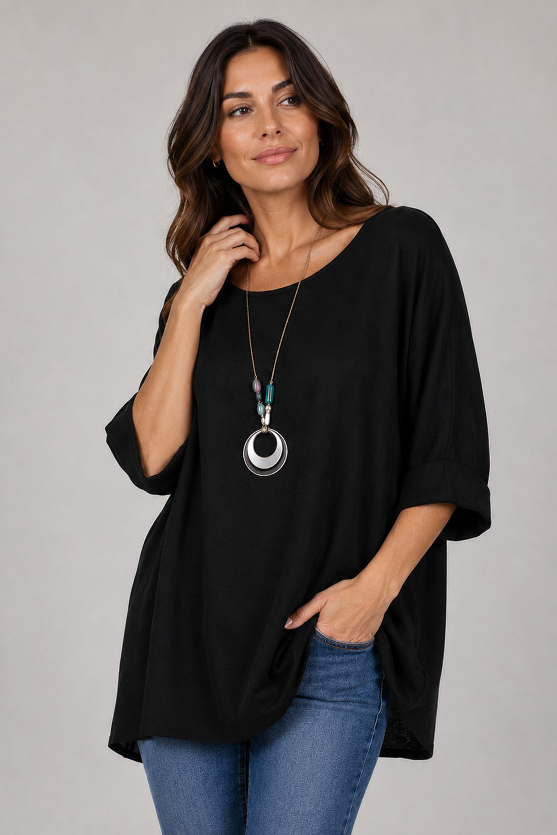 Plain Necklace Oversized Tunic Top