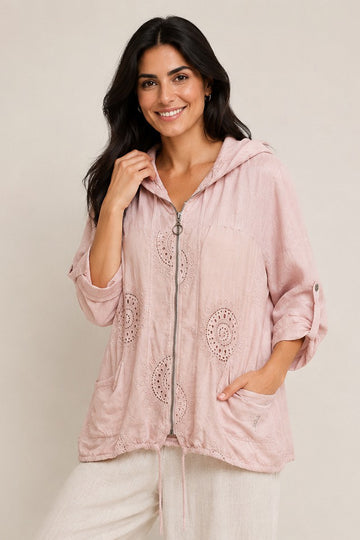 Crochet Floral Drawstring Hem Zip Hooded Top