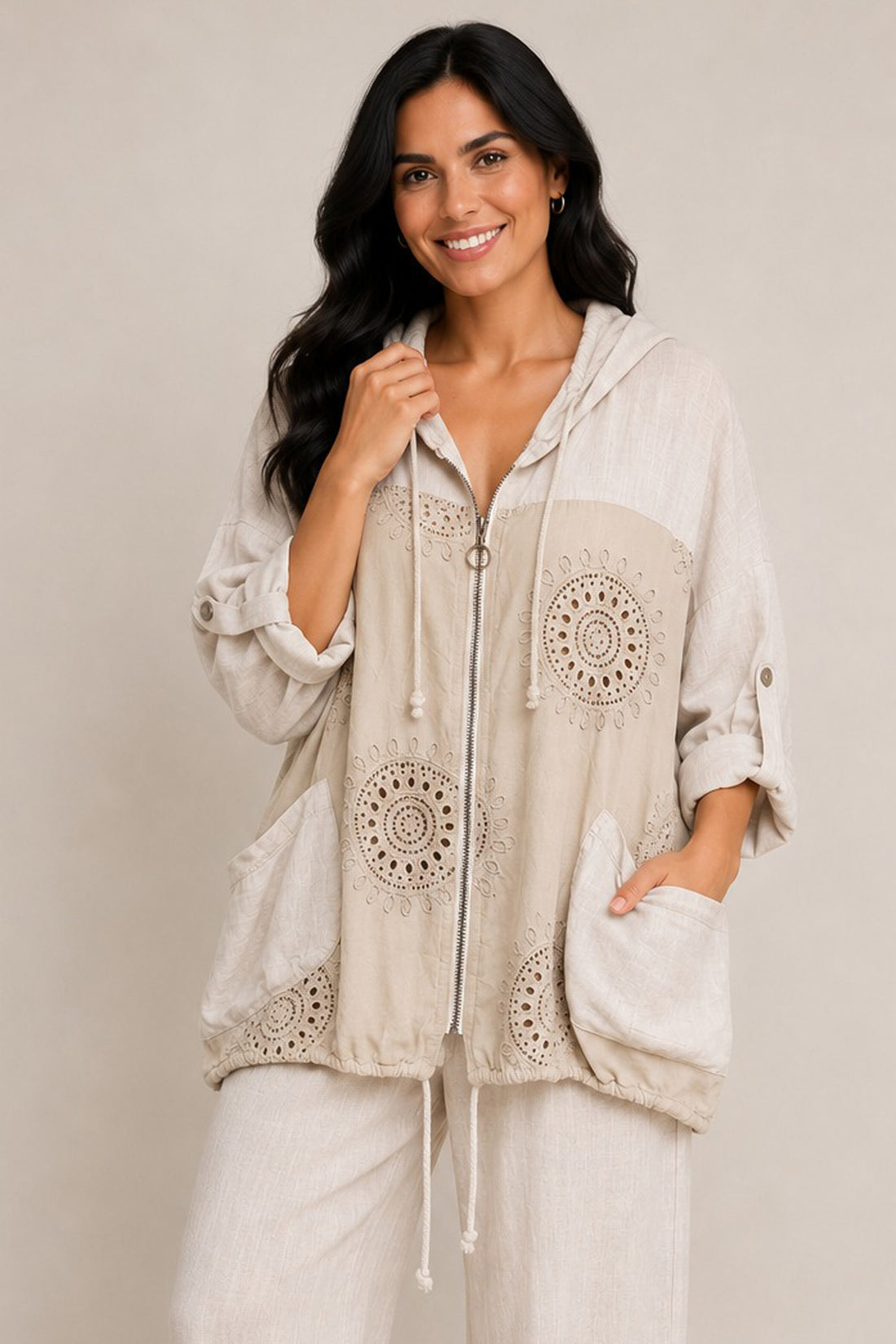 Crochet Floral Drawstring Hem Zip Hooded Top