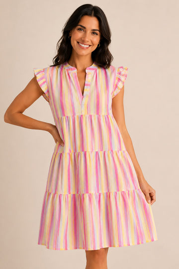 Pastel Stripe Tiered Frill Sleeve Dress