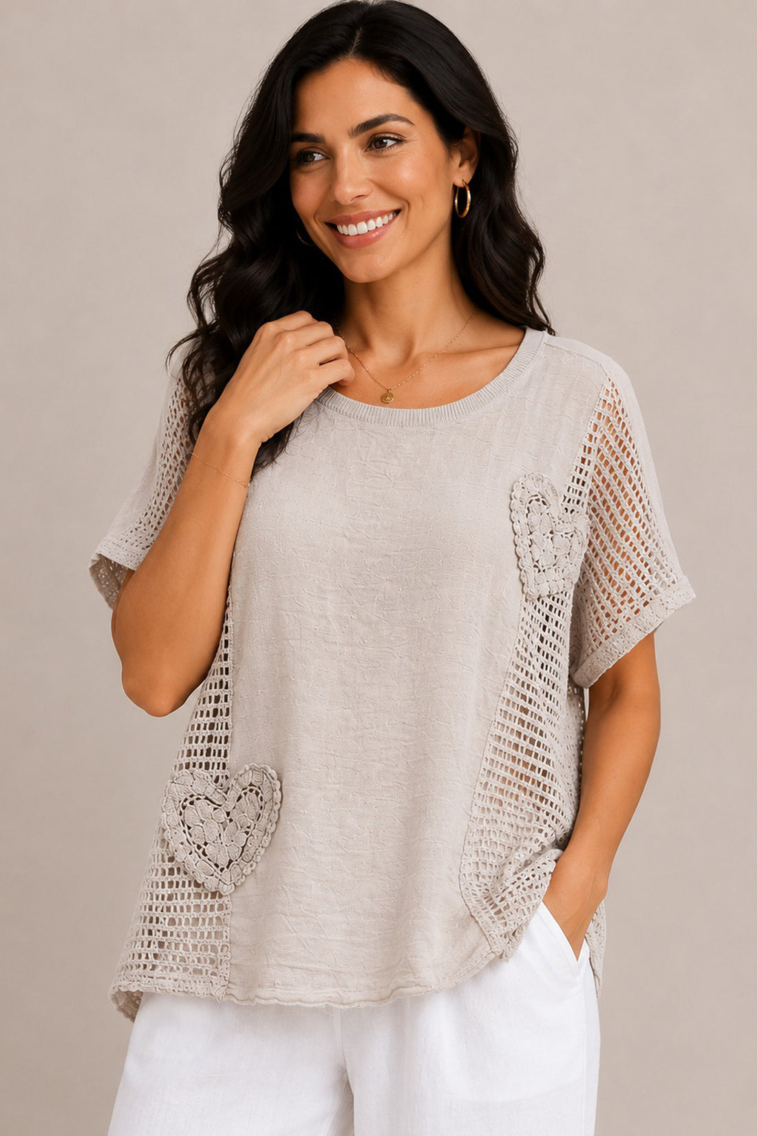 Crochet Panel Heart Patch Hi Low HemTunic Top