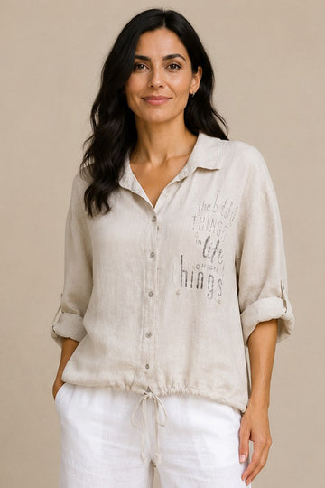 Sequin Detail Drawstring Hem Button Shirt