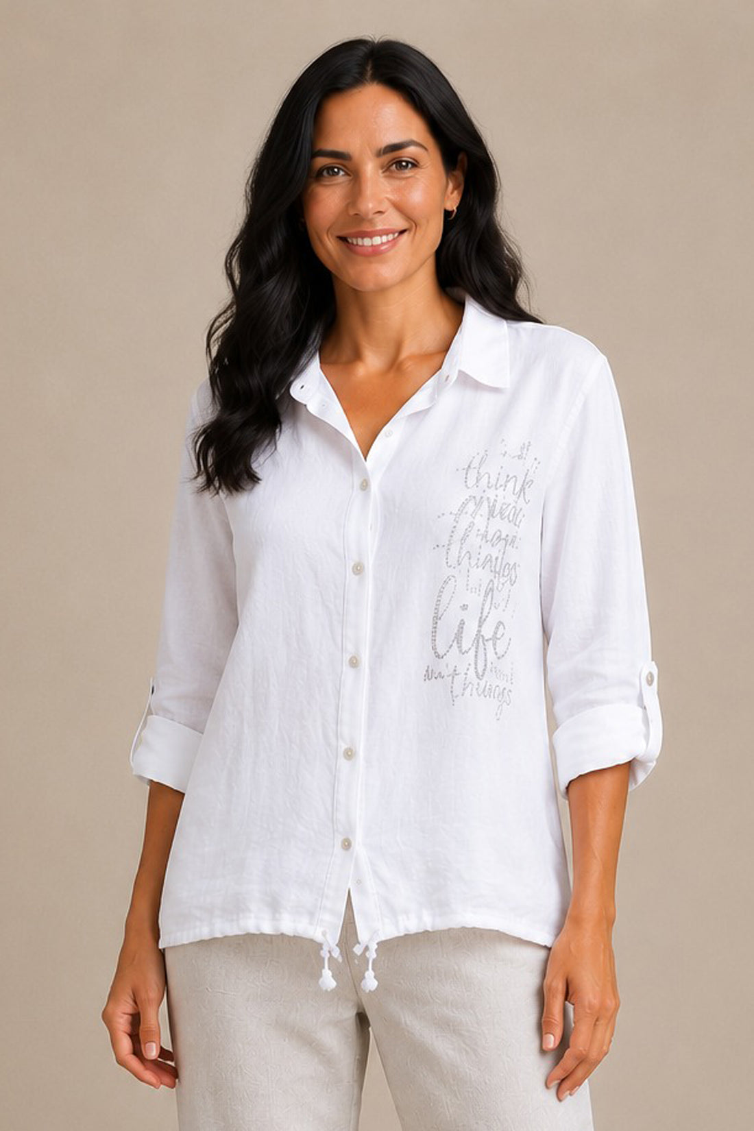 Sequin Detail Drawstring Hem Button Shirt