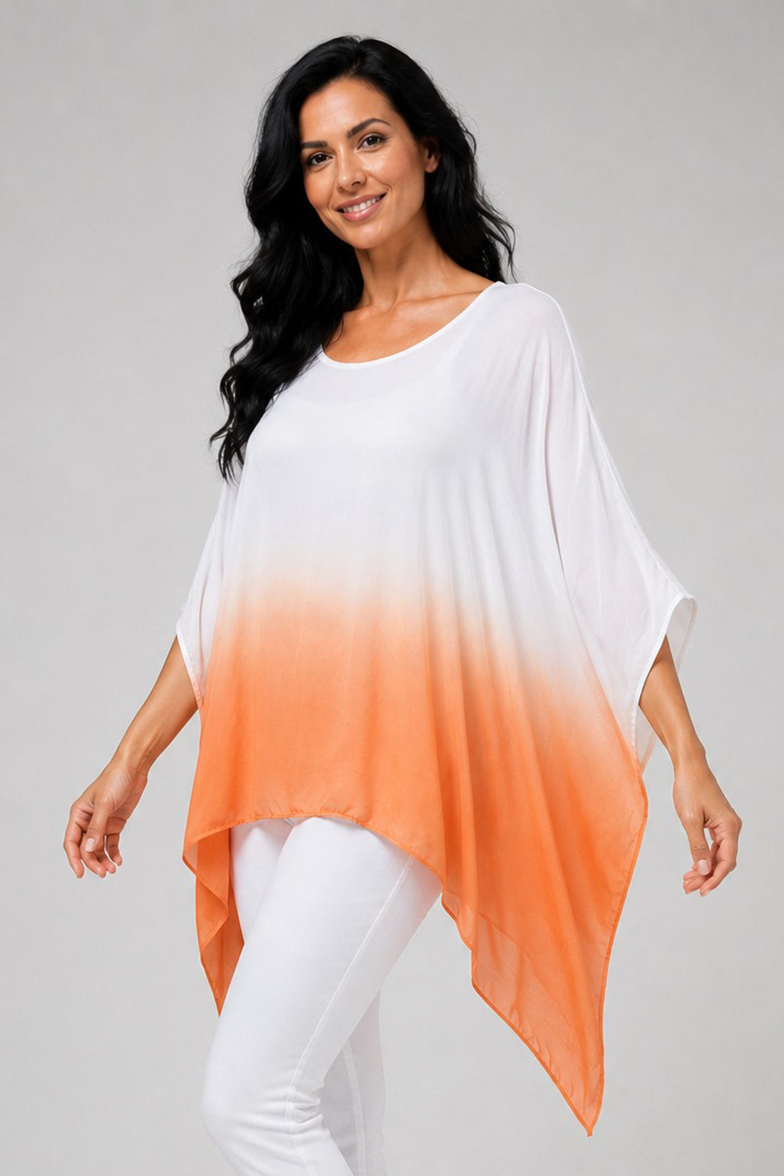 Tie Dye Print Hancky Hem Ombre Batwing Tunic Top