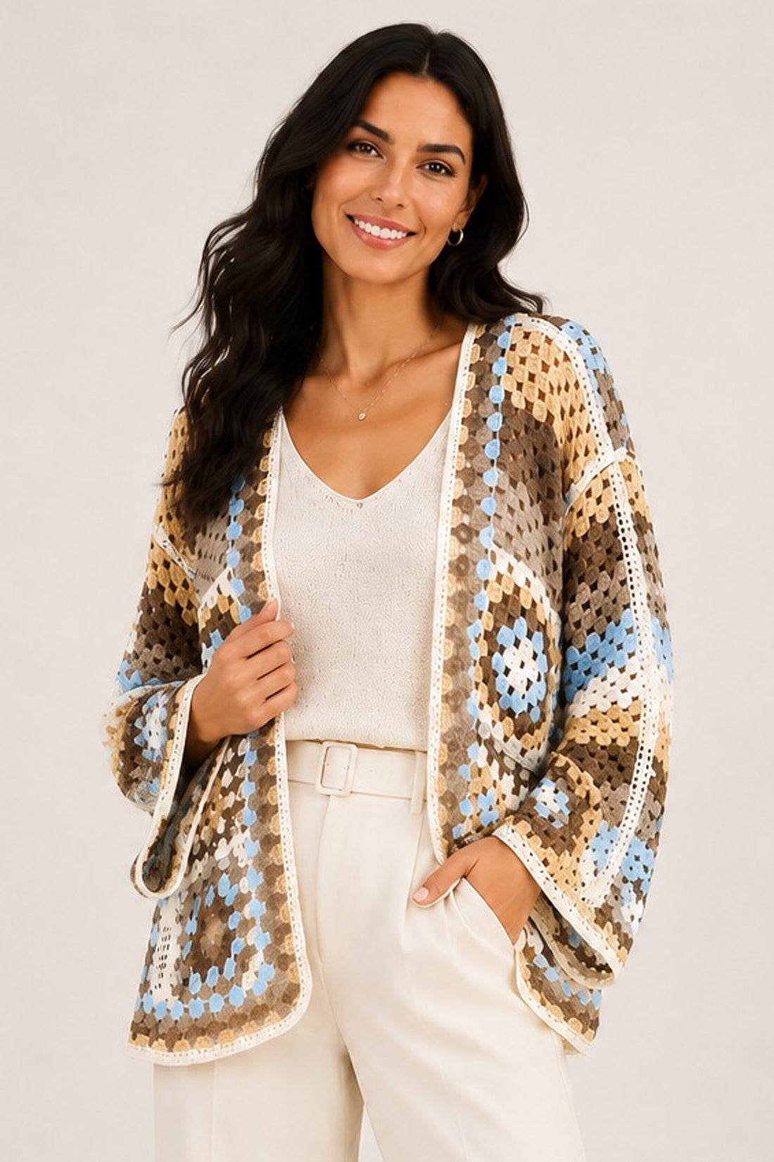 Crochet Patchwork Open Front Cardigan